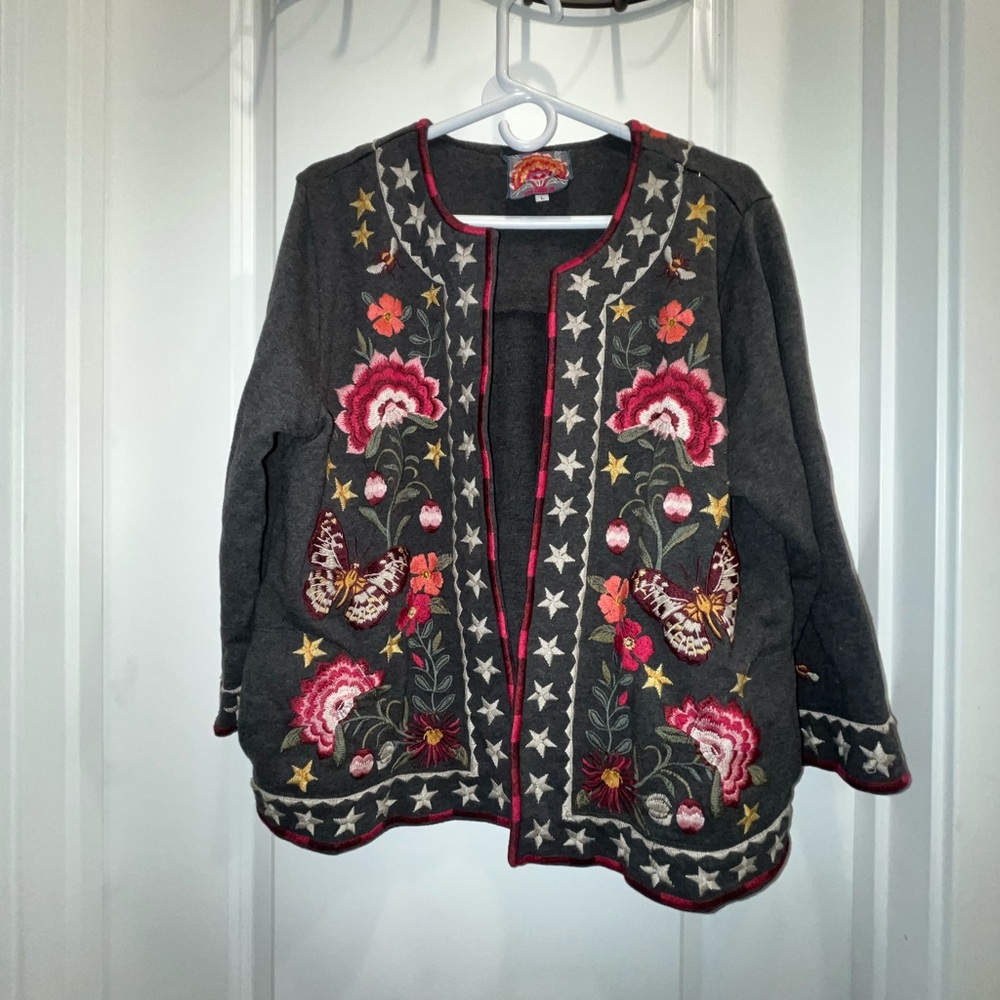 Johnny Was Gray Floral Star Butterfly Embroidered Cardigan Sweater Size Large